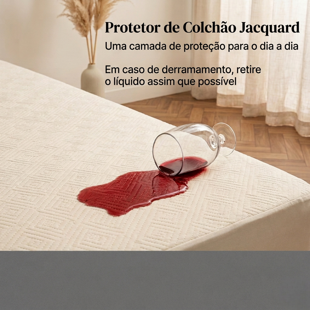 Taça com líquido vermelho derramado sobre o protetor Jacquard, com orientação para retirar o líquido assim que possível