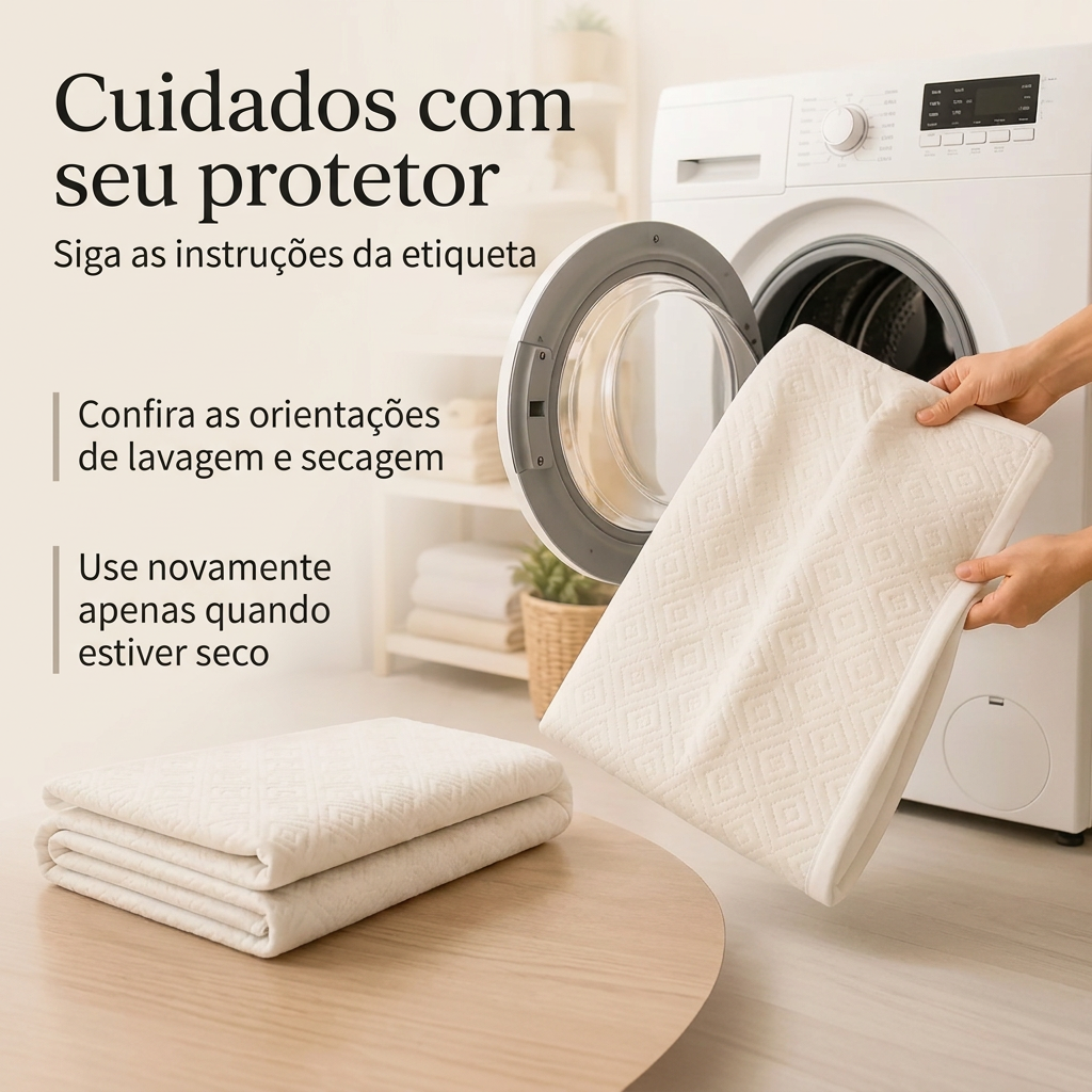 Protetor de colchão Jacquard junto à máquina de lavar, com orientações para seguir os cuidados da etiqueta