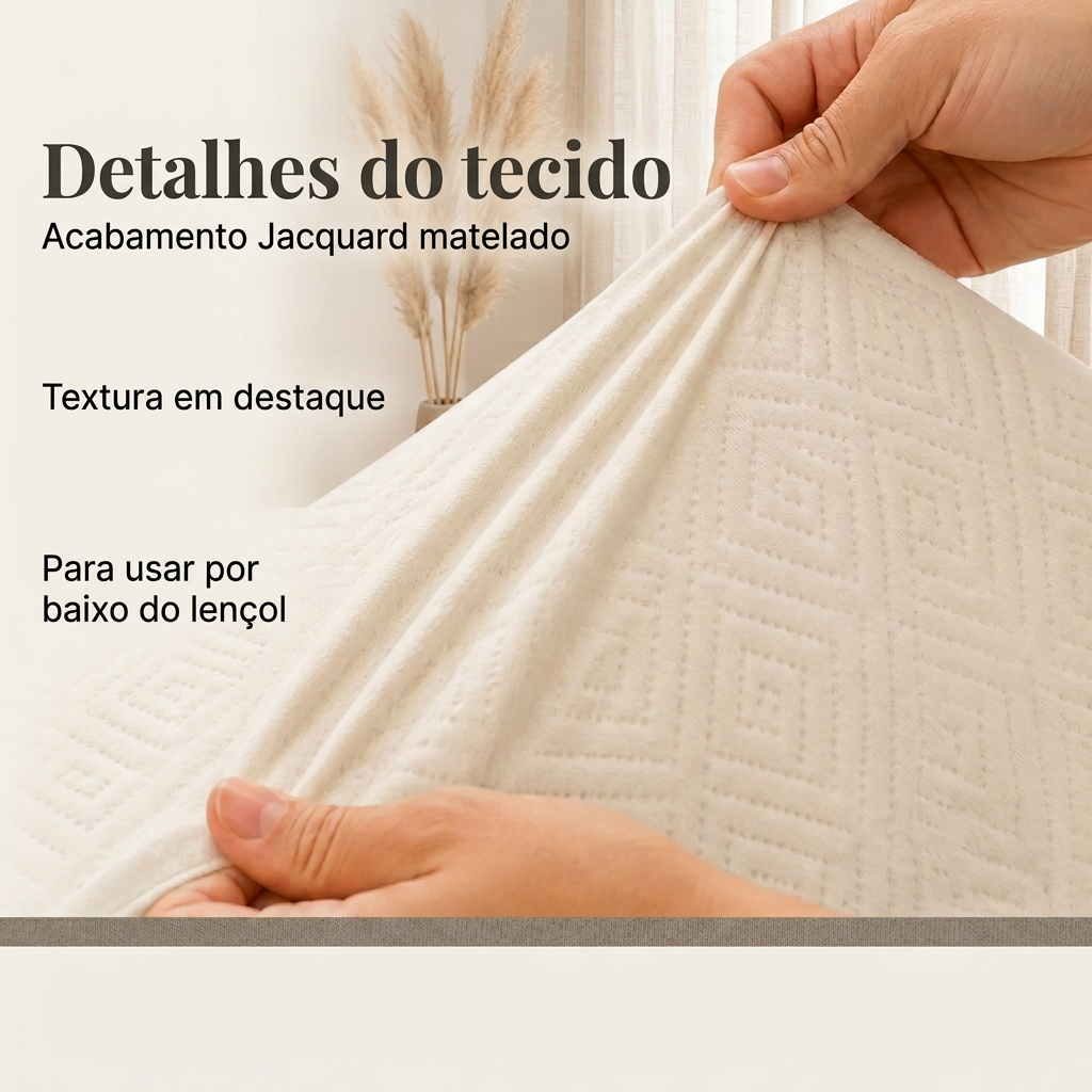 Mãos esticando o tecido do protetor de colchão Jacquard, com destaque para o acabamento matelado