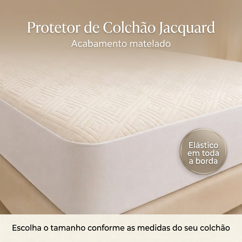 Protetor de colchão Jacquard sobre a cama, com destaque para o acabamento matelado e o elástico em toda a borda