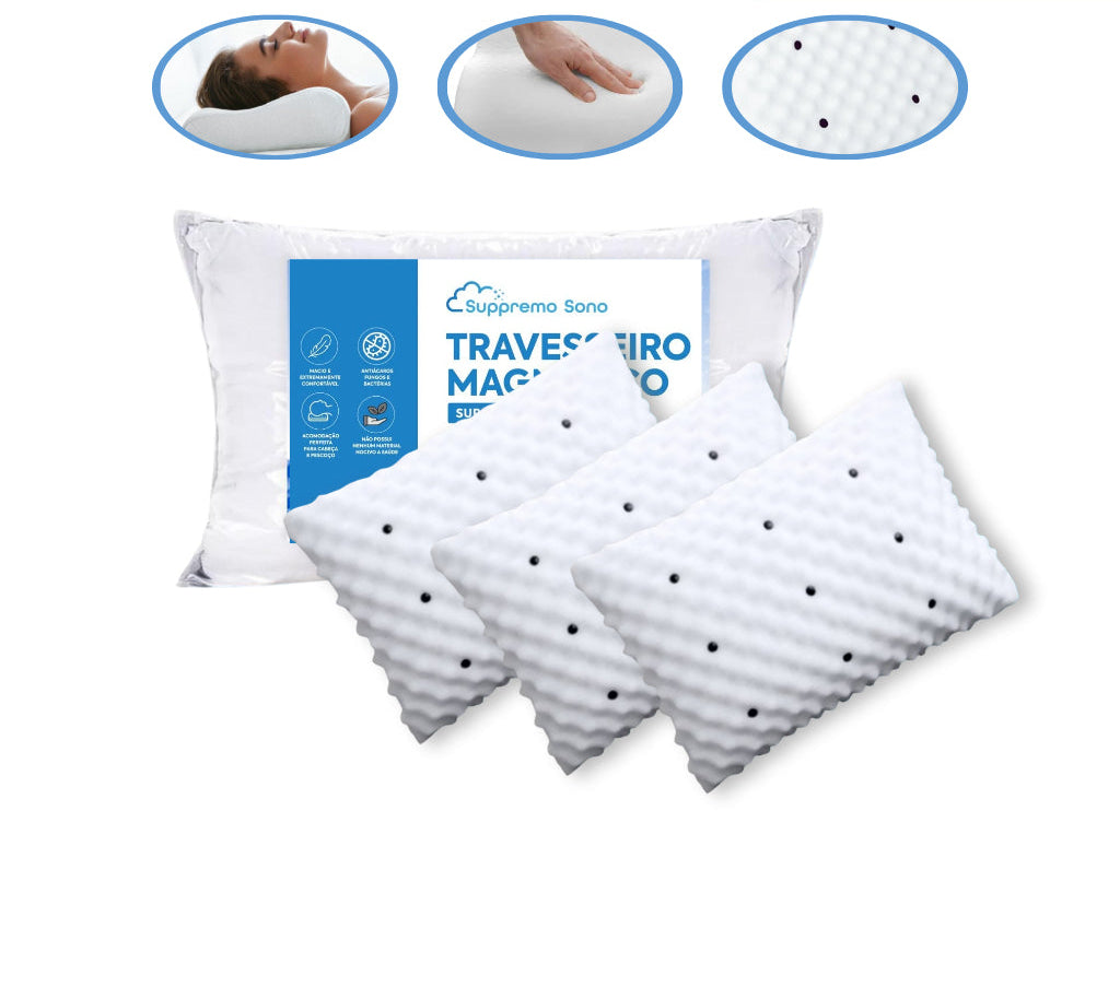 Conjunto com três travesseiros de espuma perfilada alta e embalagem ao fundo